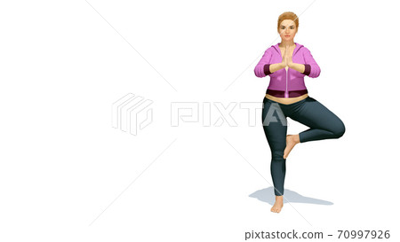 Plus size caucasian woman in tree pose yoga 3D Plus size caucasian woman in tree pose yoga 3D 70997926