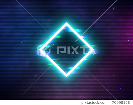 Glitch neon rhombus with retro VHS background. Geometric shape with distortion effect on cosmos backdrop. Analog horizontal lines. Vector illustration 70998198