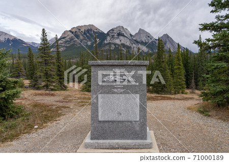 Monument of Ex Coelis Mountain. A memorial stone to honor the 1st Canadian Parachute Battalion. Kootenay Plains Ecological Reserve, Jasper National Park, Alberta, Canada. 71000189