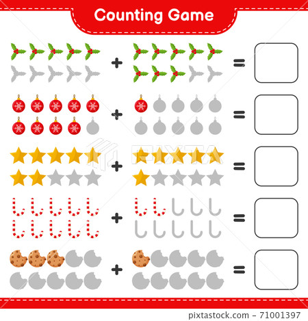 Counting game, count the number of christmas decoration and write the result. Educational children game, printable worksheet, vector illustration 71001397