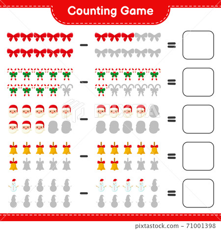 Counting game, count the number of christmas decoration and write the result. Educational children game, printable worksheet, vector illustration 71001398