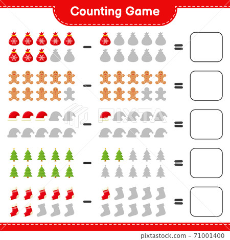 Counting game, count the number of christmas decoration and write the result. Educational children game, printable worksheet, vector illustration Counting game, count the number of christmas decoration and write the result. Educational children game, printable worksheet, vector illustration 71001400
