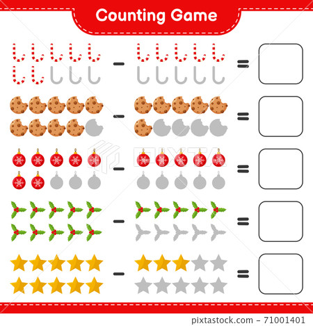Counting game, count the number of christmas decoration and write the result. Educational children game, printable worksheet, vector illustration 71001401