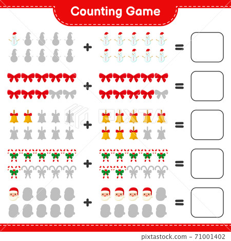 Counting game, count the number of christmas decoration and write the result. Educational children game, printable worksheet, vector illustration 71001402
