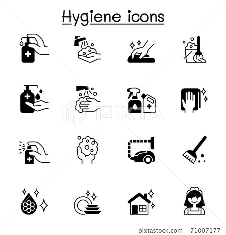Set of Hygiene related vector icons. contains such Icons as Hand washing, cleaning, soap, and more. Set of Hygiene related vector icons. contains such Icons as Hand washing, cleaning, soap, and more. 71007177