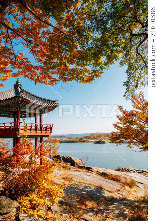 Silleuksa Temple Korean traditional pavilion with Namhan River at autumn in Yeoju, Korea 71010386