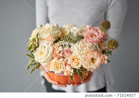 Flowers arrangement in pumpkin on the white table. Fresh cut flowers for decoration home. European floral shop. Delivery fresh cut flower. Flowers arrangement in pumpkin on the white table. Fresh cut flowers for decoration home. European floral shop. Delivery fresh cut flower. 71014057