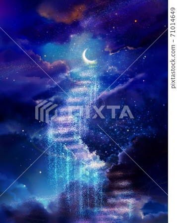Spiral stairs leading to the crescent moon seen from purple clouds 71014649