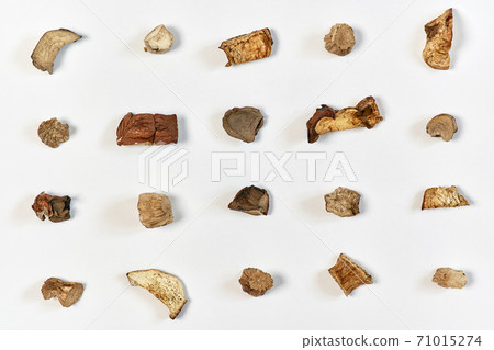 Pieces of dried mushrooms on a light background 71015274