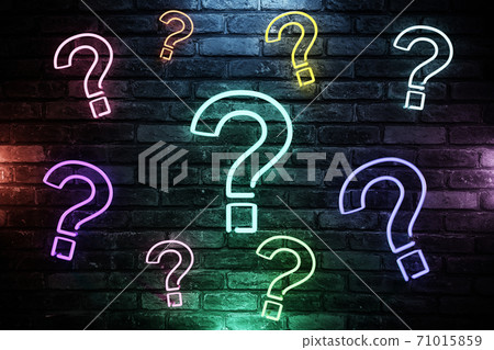 Many 3D illustrated question mark with led light on brick wall background. Many 3D illustrated question mark with led light on brick wall background. 71015859