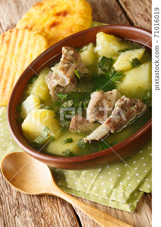 Caldo de Costilla is a rich and delicious soup made with beef ribs potatoes and herbs closeup in the plate. Vertical 71016019