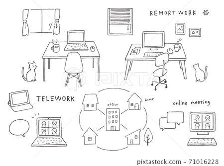Hand-drawn illustration set for telework and online meetings (monochrome) 71016228