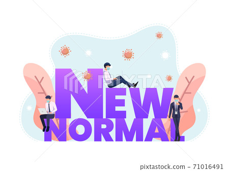 Businessman Wearing Face Mask and Working Around New Normal Text 71016491