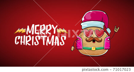 vector rock star santa potato funny cartoon cute character with with red santa hat and calligraphic merry christmas text isolated on red horizontal background. rock n roll christmas party banner vector rock star santa potato funny cartoon cute character with with red santa hat and calligraphic merry christmas text isolated on red horizontal background. rock n roll christmas party banner 71017023