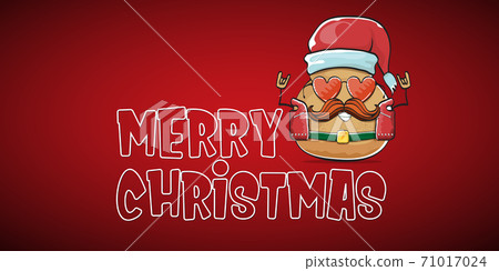 vector rock star santa potato funny cartoon cute character with with red santa hat and calligraphic merry christmas text isolated on red horizontal background. rock n roll christmas party banner vector rock star santa potato funny cartoon cute character with with red santa hat and calligraphic merry christmas text isolated on red horizontal background. rock n roll christmas party banner 71017024
