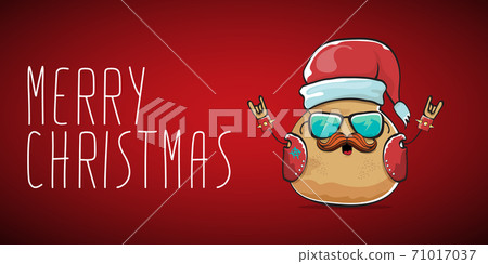 vector rock star santa potato funny cartoon cute character with with red santa hat and calligraphic merry christmas text isolated on red horizontal background. rock n roll christmas party banner 71017037