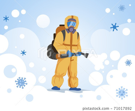 Decontamination. Doctor wearing special overall, respirator and goggles with sanitize equipment. Medical worker in protective suit sprays disinfectant. Vector biohazard illustration 71017892