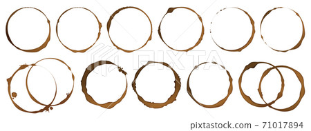 Coffee cup stain. Realistic tea circles on white, cappuccino or espresso coffee round marks. Brown drink, spilled dark liquid. Vector set of decorative elements for restaurant menu 71017894
