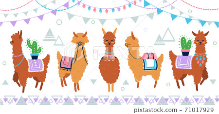 Cute llama set. Cartoon funny alpaca characters with cactus, flags and mountains collection. Hand drawn design template for kids birthday cards and accessories, flat vector characters 71017929