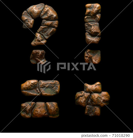 Set of rocky symbols question mark, exclamation mark, equals plus. Font of stone on black background. 3d Set of rocky symbols question mark, exclamation mark, equals plus. Font of stone on black background. 3d 71018290