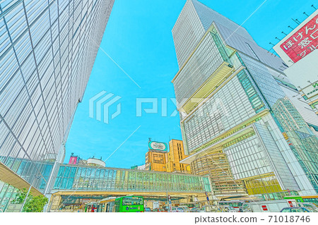 [動漫風格]澀谷站東口附近的東京風景區的城市風光 71018746