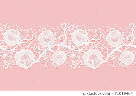 Lace horizontal seamless openwork roses. White lacy mesh on a pink background. 71019464