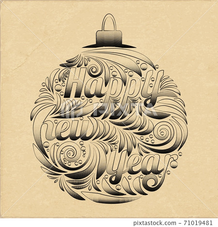 Dotwork Christmas ball with inscription happy new year in Vintage style on textured cardboard background. Dotwork Christmas ball with inscription happy new year in Vintage style on textured cardboard background. 71019481
