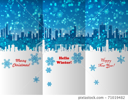 Winter New Year and Christmas leaflet design template with with the silhouette of the city, falling snow and snowflakes. Winter New Year and Christmas leaflet design template with with the silhouette of the city, falling snow and snowflakes. 71019482