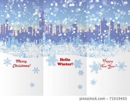 Winter New Year and Christmas booklet design template with urban landscape, falling snow and snowflakes. Winter New Year and Christmas booklet design template with urban landscape, falling snow and snowflakes. 71019483