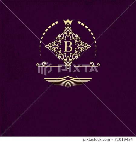 Golden emblem ornamental frame around the letter B. Monogram design elements, fancy template. Simple logos design for Royalty, business card, Boutique, Hotel, Heraldic, Web design. 71019484