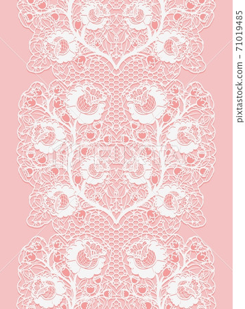Vertical lace seamless ribbon with roses. White lacy on a pink background. 71019485