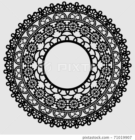 Round lace flower element. Black decorative ornament with flowers isolated on a light background. Vector illustration. Round lace flower element. Black decorative ornament with flowers isolated on a light background. Vector illustration. 71019907