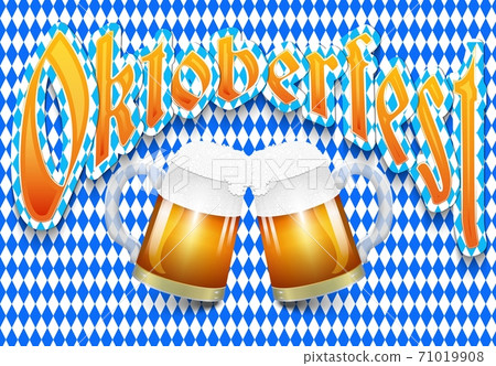 Oktoberfest beer festival background with two mugs of beer with foam and on blue with white Argyle pattern. Oktoberfest beer festival background with two mugs of beer with foam and on blue with white Argyle pattern. 71019908