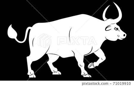 Silhouette of ox. Stylized contour of standing bull in profile. Isolated on black background. Bull logo design. 71019910