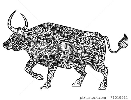 Traditional silhouette of Ox and floral ethnic Paisley pattern. Ornamental bull. Design for Chinese New Year 2021, year of the Ox. Animal coloring template. Traditional silhouette of Ox and floral ethnic Paisley pattern. Ornamental bull. Design for Chinese New Year 2021, year of the Ox. Animal coloring template. 71019911
