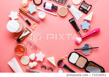 Multiple Beauty Tools On Pink Background 71019952