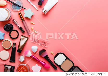 Multiple Beauty Tools On Pink Background 71019953