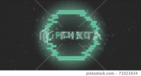 Retrofuturistic cyberpunk glitch pixel circle. Green glowing digital circle. 8 bit round shape. Background design for promo electronic music events, titles, web, banners. Vector 71021634