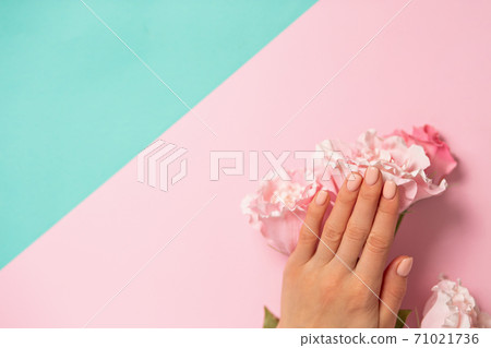Pink rose with hands on background Pink rose with hands on background 71021736