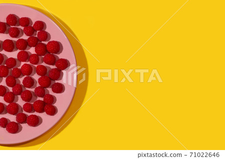 Bright ripe juicy raspberries on a pastel pink plate on a bright yellow background. 71022646