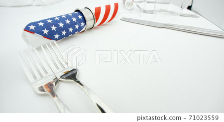 Served table with American topic decorated by American flag napkin 71023559