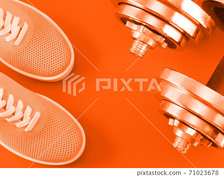 Bright orange sneakers on orange background with dumbbells. 71023678