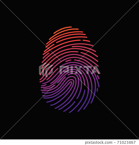Finger-print Scanning Identification System. Biometric Authorization and Business Security Concept. Fingerprint of different colors on a black background. Finger-print Scanning Identification System. Biometric Authorization and Business Security Concept. Fingerprint of different colors on a black background. 71023867