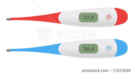 Realistic 3d electronic medical thermometer with shadow top view isolated on white background. Digital device icon showing 36.6 degrees Celsius temperature. Vector illustration. 71023880