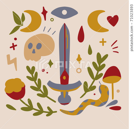 Childish pattern with sword, skull, snake and heart Childish pattern with sword, skull, snake and heart 71023893