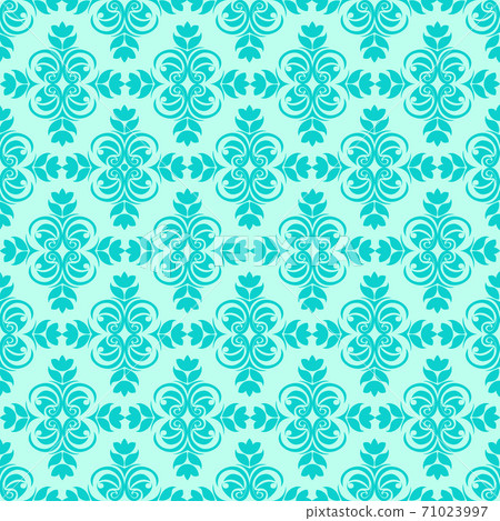Periodic Seamless Pattern of abstract elements or butterflies and leaves with blue flowers on a turquoise background. Decoration for fabrics or tiles. 71023997