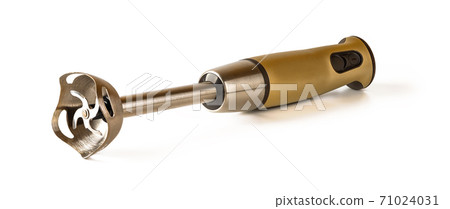 Immersion hand blender with bronze handle lies on its side isolated on white background 71024031