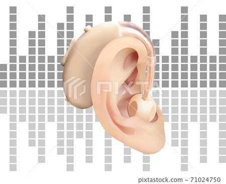 Digital hearing aid behind the ear, on the background of sound wave diagram. Treatment and prosthetics of hearing loss in otolaryngology. Realistic vector illustration. Medicine and health. 71024750