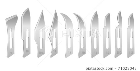 Set of interchangeable blades for a surgical scalpel. Standard set of blades for removable handle number 3. Tools on a white background. Vector 71025045