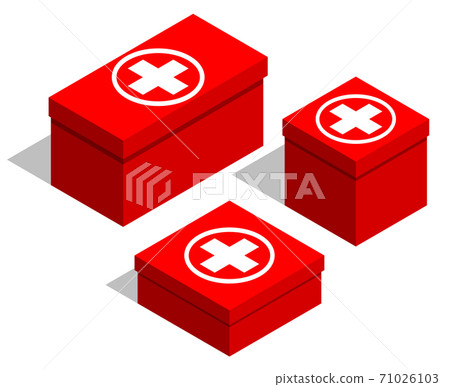 Medical first-aid kits. Set of red boxes with a medical symbol on the lid. Isolated objects on white background. Isometry. Vector Medical first-aid kits. Set of red boxes with a medical symbol on the lid. Isolated objects on white background. Isometry. Vector 71026103